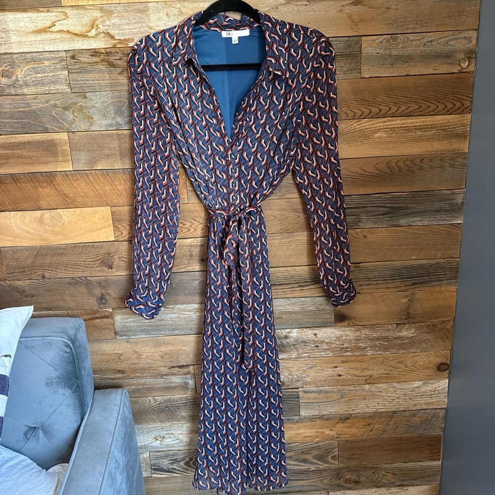 DR2 Navy and Orange Patterned Long Sleeve Dress